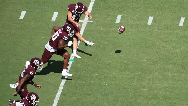 COLLEGE STATION, TX - September 27, 2025 - Kicker Randy Bond #47 of the Texas A&M Aggies during the game between the Auburn Tigers and the Texas A&M Aggies at Kyle Field in College Station, TX. Photo By Sydney Stevenson/Texas A&M Athletics