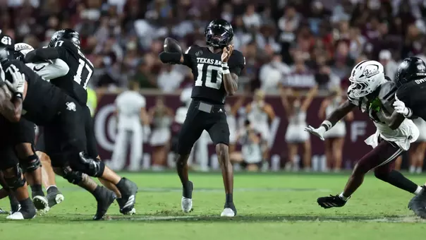 COLLEGE STATION, TX - October 04, 2025 - Quarterback Marcel Reed #10 of the Texas A&M Aggies during the game between the Mississippi St. Bulldogs and the Texas A&M Aggies at Kyle Field in College Station, TX. Photo By Evan Pilat/Texas A&M Athletics
