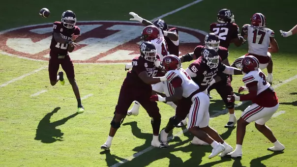 COLLEGE STATION, TX - November 15, 2025 - Quarterback Marcel Reed #10 of the Texas A&M Aggies during the game between the South Carolina Gamecocks and the Texas A&M Aggies at Kyle Field in College Station, TX. Photo By Texas A&M Athletics/Texas A&M Athletics