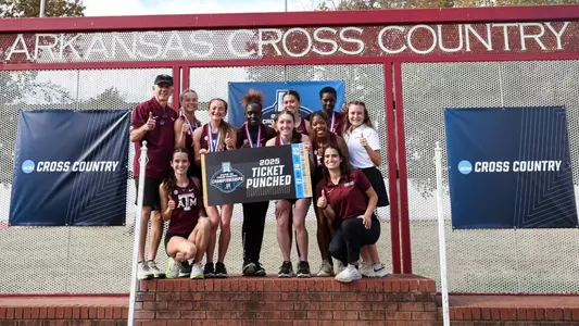 FAYETTEVILLE, AR - November 14, 2025 - Texas A&M Aggie Cross Country Team during the South Central Regional cross country meet at Agri Park in Fayetteville, AR. Photo By Julianne Shivers