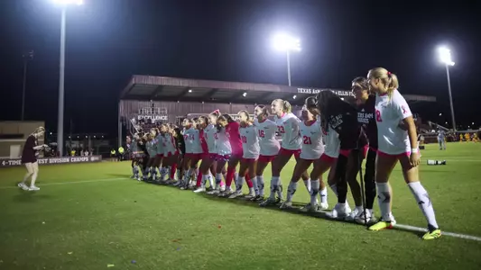 COLLEGE STATION, TX - October 16, 2025 - Texas A&M Soccer Team during the game between the Missouri Tigers and the Texas A&M Aggies at Ellis Field in College Station, TX. Photo By Ethan Mito/Texas A&M Athletics