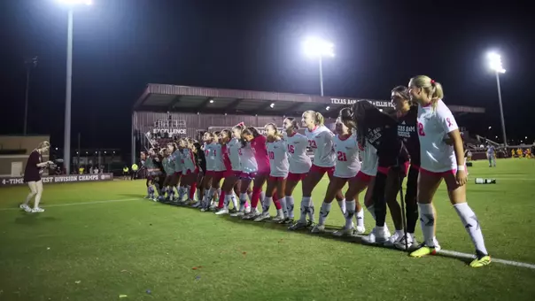 COLLEGE STATION, TX - October 16, 2025 - Texas A&M Soccer Team during the game between the Missouri Tigers and the Texas A&M Aggies at Ellis Field in College Station, TX. Photo By Ethan Mito/Texas A&M Athletics