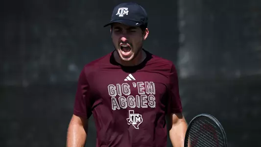 COLLEGE STATION, TX - October 20, 2025 - Alex Frusina of the Texas A&M Aggies during ITA quarterfinals qualifiers at Mitchell Tennis Center in College Station, TX. Photo By Julianne Shivers/Texas A&M Athletics