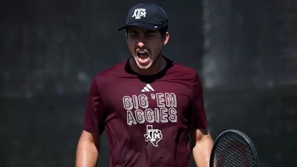 COLLEGE STATION, TX - October 20, 2025 - Alex Frusina of the Texas A&M Aggies during ITA quarterfinals qualifiers at Mitchell Tennis Center in College Station, TX. Photo By Julianne Shivers/Texas A&M Athletics