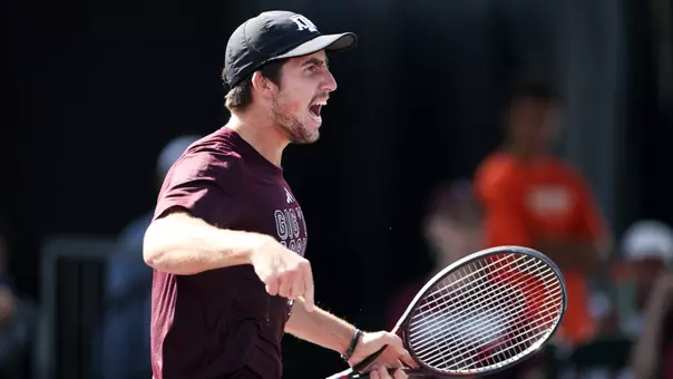COLLEGE STATION, TX - October 20, 2025 - Alex Frusina of the Texas A&M Aggies during ITA quarterfinals qualifiers at Mitchell Tennis Center in College Station, TX. Photo By Julianne Shivers/Texas A&M Athletics