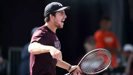 COLLEGE STATION, TX - October 20, 2025 - Alex Frusina of the Texas A&M Aggies during ITA quarterfinals qualifiers at Mitchell Tennis Center in College Station, TX. Photo By Julianne Shivers/Texas A&M Athletics