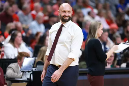 Kansas City, Missouri - December 18, 2025 - Head Coach Jamie Morrison of the Texas A&M Aggies during the game between the Pittsburgh Panthers and the Texas A&M Aggies at T-Mobile Center in Kansas City, Missouri. Photo By Evan Pilat