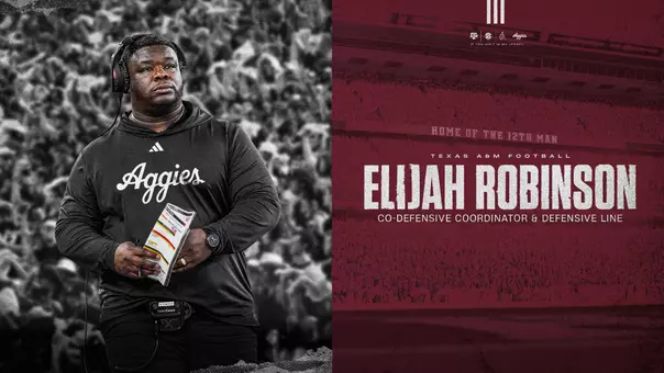 Texas A&M head coach Mike Elko announced Monday the hiring of Elijah Robinson as the Aggies’ co-defensive coordinator and defensive line coach.