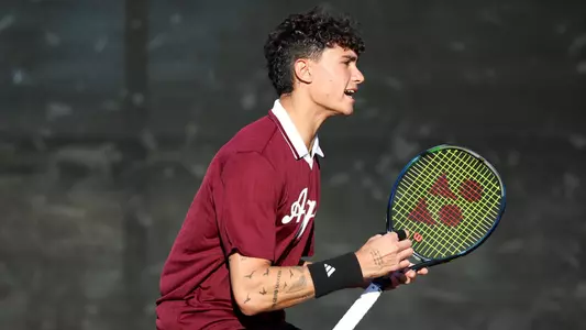 COLLEGE STATION, TX - January 18, 2025 - Tiago Pires of the Texas A&M Aggies during the game between the UT San Antonio Roadrunners and the Texas A&M Aggies at Mitchell Tennis Center in College Station, TX. Photo By Sydney Stevenson/Texas A&M Athletics