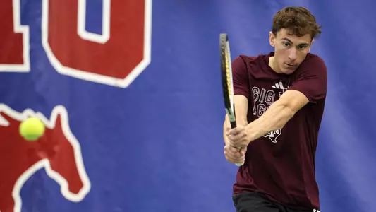 DALLAS, TX - February 12, 2025 - Theo Papamalamis of the Texas A&M Aggies at ITA Indoor Nationals at Styslinger / Altec Tennis Complex in  Dallas, Texas. Photo By Julianne Shivers/Texas A&M Athletics