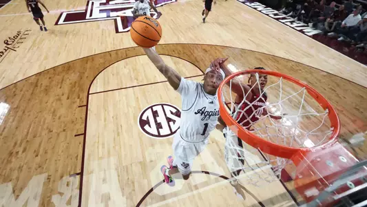 COLLEGE STATION, TX - February 11, 2025 - Guard Zhuric Phelps #1 of the Texas A&M Aggies during the game between the Georgia Bulldogs and the Texas A&M Aggies at Reed Arena in College Station, TX. Photo By Craig Bisacre/Texas A&M Athletics