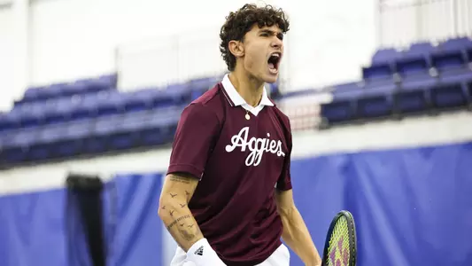 DALLAS, TX - February 16, 2025 - Tiago Pires of the Texas A&M Aggies during the game against the Kentucky Wildcats at ITA Indoor Nationals at Styslinger /Altec Tennis Complex in  Dallas, Texas. Photo By Julianne Shivers/Texas A&M Athletics