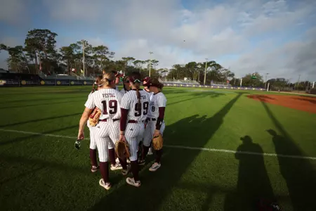 Clearwater, Florida - February 16, 2025 - The Texas A&M Softball Team during the game between the Charlotte 49ers and the Texas A&M Aggies at Eddie C. Moore Fields in Clearwater, Florida. Photo By Evan Pilat