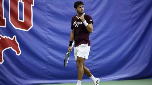DALLAS, TX - February 16, 2025 - Togan Tokac of the Texas A&M Aggies during the game against the Kentucky Wildcats at ITA Indoor Nationals at Styslinger /Altec Tennis Complex in  Dallas, Texas. Photo by Julianne Shivers/Texas A&M Athletics