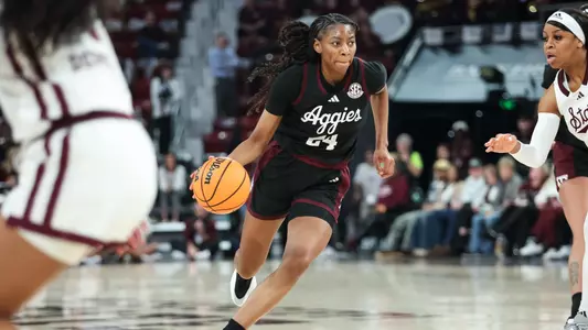 COLLEGE STATION, TX - February 23, 2025 - Guard Sahara Jones #24 of the Texas A&M Aggies during the game between the Mississippi St. Bulldogs and the Texas A&M Aggies at Reed Arena in College Station, TX. Photo By Ethan Mito/Texas A&M Athletics