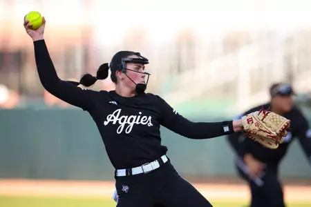 COLLEGE STATION, TX - February 08, 2025 - Sydney Lessentine #7 of the Texas A&M Aggies during the game between the Abilene Christian Wildcats and the Texas A&M Aggies at Davis Diamond in College Station, TX. Photo By Zoie Joslin/Texas A&M Athletics