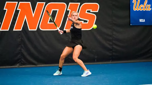 Daria Smetannikov lines up a forehand shot against the Longhorns in ITA National Team Indoor Championships action