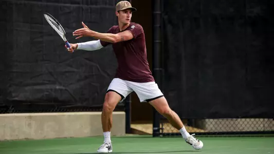COLLEGE STATION, TX - February 23, 2025 - Matthis Ross of the Texas A&M Aggies during the game between the Lamar Cardinals and the Texas A&M Aggies at Mitchell Tennis Center in College Station, TX. Photo By Julianne Shivers/Texas A&M Athletics