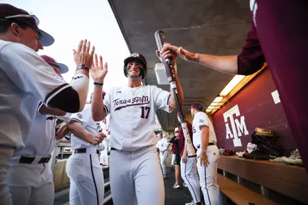 COLLEGE STATION, TX - March 18, 2025 - Outfielder Jace LaViolette #17 of the Texas A&M Aggies during the game between the Texas A&M Corpus Christi Islanders and the Texas A&M Aggies at Blue Bell Park in College Station, TX. Photo By Mattie Taylor/Texas A&M Athletics