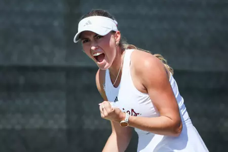 COLLEGE STATION, TX - March 02, 2025 - Lexington Reed of the Texas A&M Aggies during the game between the Oklahoma Sooners and the Texas A&M Aggies at Mitchell Tennis Center in College Station, TX. Photo By Wesley Bowers/Texas A&M Athletics