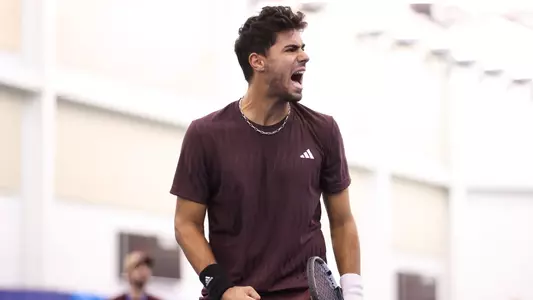 DALLAS, TX - February 14, 2025 - Togan Tokac of the Texas A&M Aggies during the game against the Texas Longhorns at ITA Indoor Nationals at Styslinger /Altec Tennis Complex in Dallas, Texas. Photo By Julianne Shivers/Texas A&M Athletics