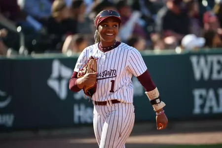 COLLEGE STATION, TX - March 02, 2025 - Kennedy Powell #1 of the Texas A&M Aggies during the game between the Texas Tech Red Raiders and the Texas A&M Aggies at Davis Diamond in College Station, TX. Photo By Wesley Bowers/Texas A&M Athletics