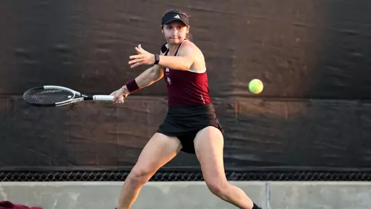 COLLEGE STATION, TX - February 28, 2025 - Mary Stoiana of the Texas A&M Aggies during the game between the Arkansas Razorbacks and the Texas A&M Aggies at Mitchell Tennis Center in College Station, TX. Photo By Rachel Mahan/Texas A&M Athletics