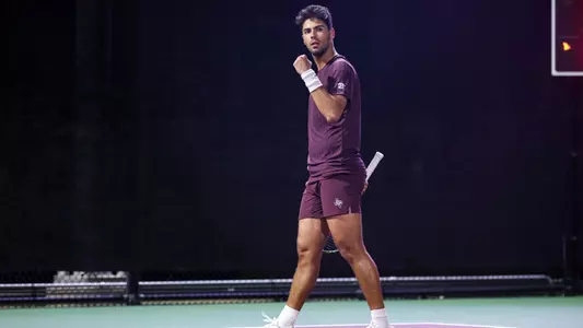 COLLEGE STATION, TX - March 06, 2025 - Togan Tokac of the Texas A&M Aggies during the game between the Auburn Tigers and the Texas A&M Aggies at Mitchell Tennis Center in College Station, TX. Photo By Julianne Shivers/Texas A&M Athletics