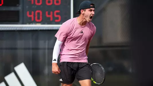 COLLEGE STATION, TX - March 08, 2025 - Luke Casper of the Texas A&M Aggies during the game between the Florida Gators and the Texas A&M Aggies at Mitchell Tennis Center in College Station, TX. Photo By Julianne Shivers/Texas A&M Athletics