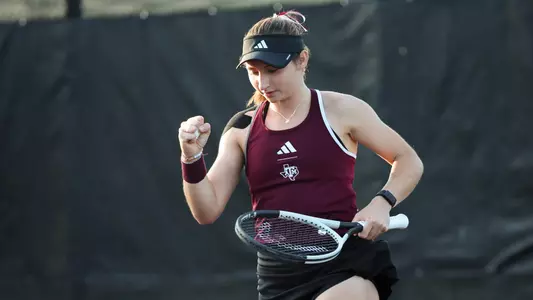 COLLEGE STATION, TX - February 28, 2025 - Mary Stoiana of the Texas A&M Aggies during the game between the Arkansas Razorbacks and the Texas A&M Aggies at Mitchell Tennis Center in College Station, TX. Photo By Rachel Mahan/Texas A&M Athletics