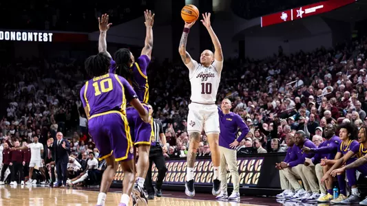 COLLEGE STATION, TX - January 18, 2025 - Guard CJ Wilcher #10 of the Texas A&M Aggies during the game between the LSU Tigers and the Texas A&M Aggies at Reed Arena in College Station, TX. Photo By Ishika Samant/Texas A&M Athletics