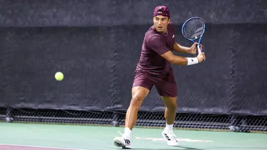 COLLEGE STATION, TX - March 06, 2025 - Alan Magadan of the Texas A&M Aggies during the game between the Auburn Tigers and the Texas A&M Aggies at Mitchell Tennis Center in College Station, TX. Photo By Julianne Shivers/Texas A&M Athletics