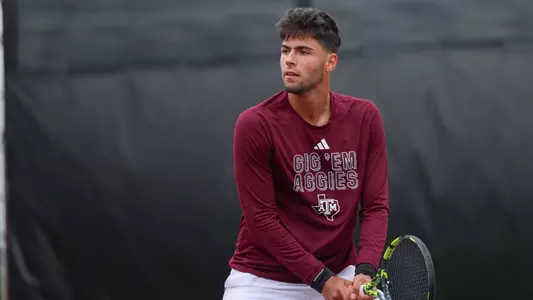 COLLEGE STATION, TX - April 05, 2025 - Togan Tokac of the Texas A&M Aggies during the game between the Texas Longhorns and the Texas A&M Aggies at Mitchell Tennis Center in College Station, TX. Photo By Micah Richter/Texas A&M Athletics