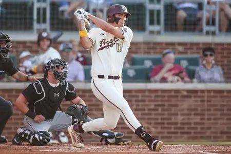 COLLEGE STATION, TX - April 11, 2025 - Outfielder Jace LaViolette #17 of the Texas A&M Aggies during the game between the South Carolina Gamecocks and the Texas A&M Aggies at Blue Bell Park in College Station, TX. Photo By Ethan Mito/Texas A&M Athletics