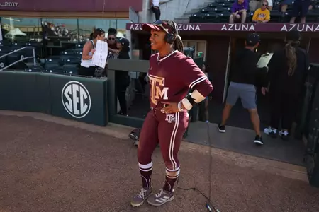 COLLEGE STATION, TX - April 12, 2025 - Kennedy Powell #1 of the Texas A&M Aggies during the game between the LSU Tigers and the Texas A&M Aggies at Davis Diamond in College Station, TX. Photo By Evan Pilat/Texas A&M Athletics