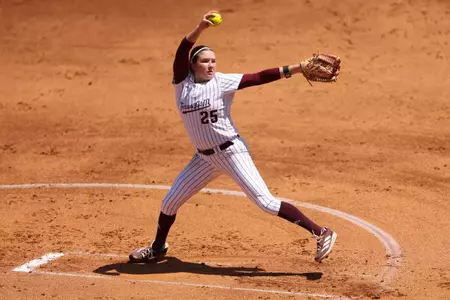COLLEGE STATION, TX - April 13, 2025 - Emily Leavitt #25 of the Texas A&M Aggies during the game between the LSU Tigers and the Texas A&M Aggies at Davis Diamond in College Station, TX. Photo By Evan Pilat/Texas A&M Athletics