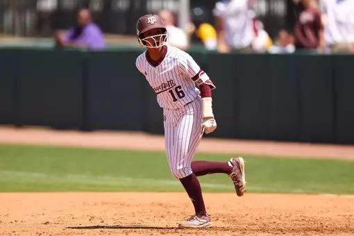 COLLEGE STATION, TX - April 13, 2025 - KK Dement #16 of the Texas A&M Aggies during the game between the LSU Tigers and the Texas A&M Aggies at Davis Diamond in College Station, TX. Photo By Hannah Harrison/Texas A&M Athletics