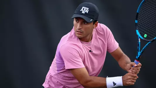 COLLEGE STATION, TX - March 08, 2025 - Alan Magadan of the Texas A&M Aggies during the game between the Florida Gators and the Texas A&M Aggies at Mitchell Tennis Center in College Station, TX. Photo By Julianne Shivers/Texas A&M Athletics