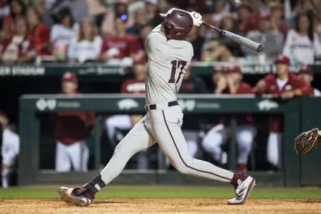 FAYETTEVILLE, AR - April 17, 2025 - Outfielder Jace LaViolette #17 of the Texas A&M Aggies during the game between the Arkansas Razorbacks and the Texas A&M Aggies at BaumÐWalker Stadium in Fayetteville, AR. Photo By Ethan Mito/Texas A&M Athletics