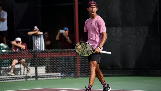 COLLEGE STATION, TX - March 08, 2025 - JC Roddick of the Texas A&M Aggies during the game between the Florida Gators and the Texas A&M Aggies at Mitchell Tennis Center in College Station, TX. Photo By Julianne Shivers/Texas A&M Athletics