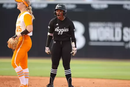 KNOXVILLE, TN - May 01, 2025 - Koko Wooley #3 of the Texas A&M Aggies during the game between the Tennessee Volunteers and the Texas A&M Aggies at Sherri Parker Lee Stadium in Knoxville, TN. Photo By Evan Pilat
