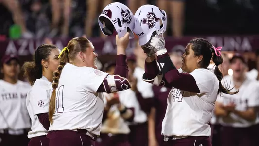 COLLEGE STATION, TX - April 25, 2025 - Mya Perez #24 of the Texas A&M Aggies and Mac Barbara #31 of the Texas A&M Aggies during the game between the Arkansas Razorbacks and the Texas A&M Aggies at Davis Diamond in College Station, TX. Photo By Chris Swann/Texas A&M Athletics