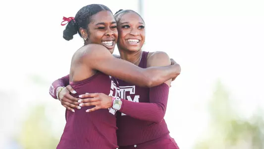 COLLEGE STATION, TX - May 03, 2025 - Jasmine Montgomery of the Texas A&M Aggies, Camryn Dickson of the Texas A&M Aggies during the Texas A&M Alumni Muster Invitational at E.B. Cushing Stadium in College Station, TX. Photo By Ishika Samant/Texas A&M Athletics