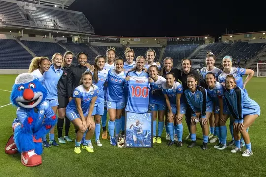 Alyssa Mautz celebrates her 100th match with Chicago Red Stars