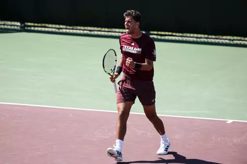 COLLEGE STATION, TX - May 03, 2025 - Togan Tokac of the Texas A&M Aggies during the game between the Rice Owls and the Texas A&M Aggies at Mitchell Tennis Center in College Station, TX. Photo By Julianne Shivers/Texas A&M Athletics