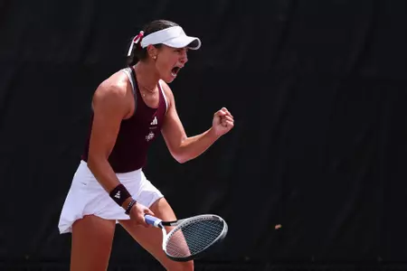 COLLEGE STATION, TX - May 09, 2025 - Mia Kupres of the Texas A&M Aggies during the game between the UCLA Bruins and the Texas A&M Aggies at Mitchell Tennis Center in College Station, TX. Photo By Chris Swann/Texas A&M Athletics