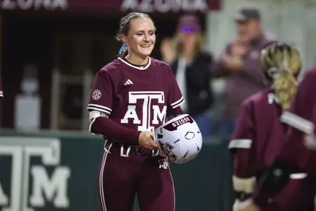 COLLEGE STATION, TX - February 28, 2025 - Frankie Vrazel #8 of the Texas A&M Aggies during the game between the George Washington Colonials and the Texas A&M Aggies at Davis Diamond in College Station, TX. Photo By Evan Pilat/Texas A&M Athletics