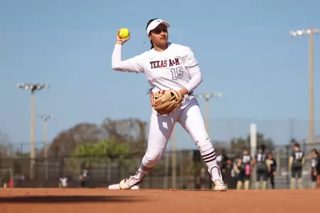 Clearwater, Florida - February 14, 2025 - Larisa Perez #15 of the Texas A&M Aggies during the game between the UCF Knights and the Texas A&M Aggies at Eddie C. Moore Fields in Clearwater, Florida. Photo By Evan Pilat