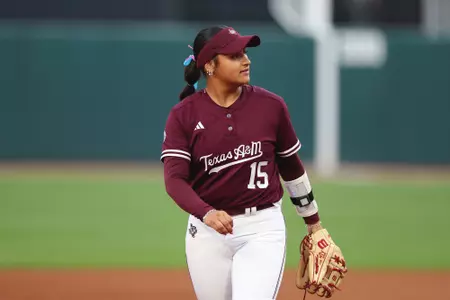 COLLEGE STATION, TX - April 02, 2025 - Larisa Perez #15 of the Texas A&M Aggies during the game between the Prairie View A&M Panthers and the Texas A&M Aggies at Davis Diamond in College Station, TX. Photo By Evan Pilat/Texas A&M Athletics