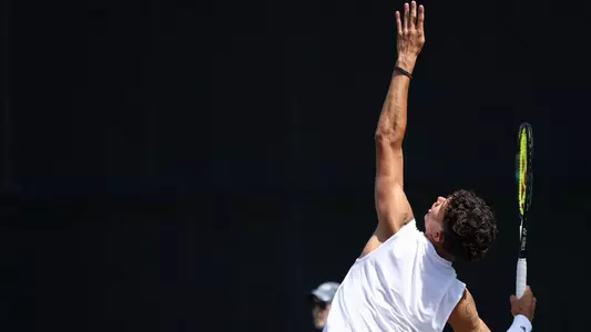 COLLEGE STATION, TX - May 03, 2025 - Tiago Pires of the Texas A&M Aggies during the game between the Rice Owls and the Texas A&M Aggies at Mitchell Tennis Center in College Station, TX. Photo By Julianne Shivers/Texas A&M Athletics